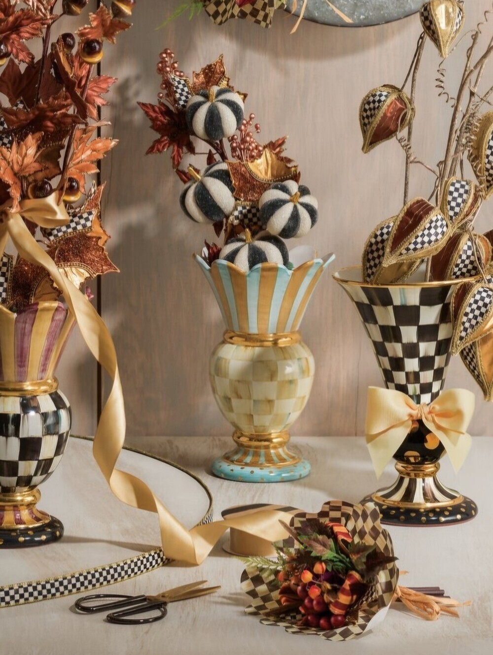 NEW! MacKenzie-Childs Turquoise & Gold Striped & Checkered Vase, Parchment Check - Picture 8 of 9